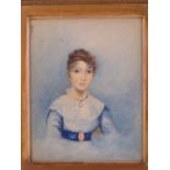 Watercolour; portrait of a late Georgian lady with oversized eyes, lace shoulder covering, unsigned,