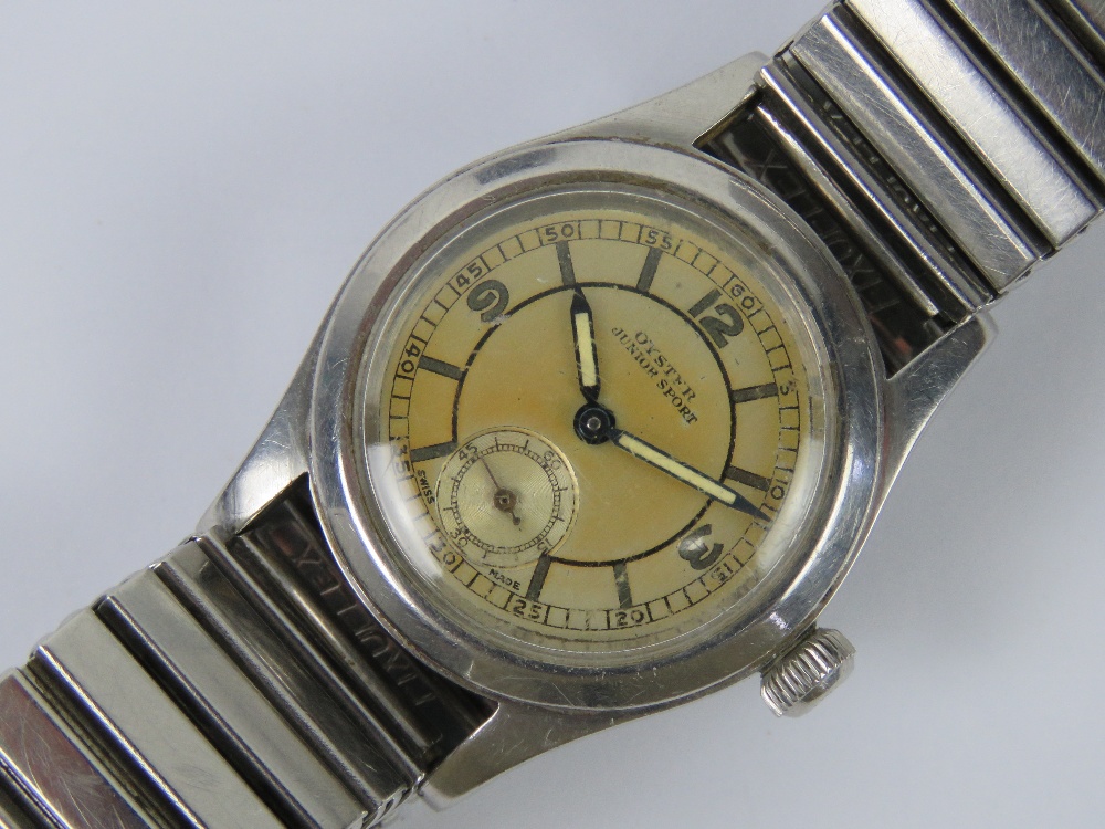 A Rolex 'Oyster Junior Sport' wrist watch c1940's, silvered dial with luminous Arabic numerals,