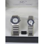 A 'His and Hers' stainless steel gents wristwatch and ladies wristwatch set, in presentation box.