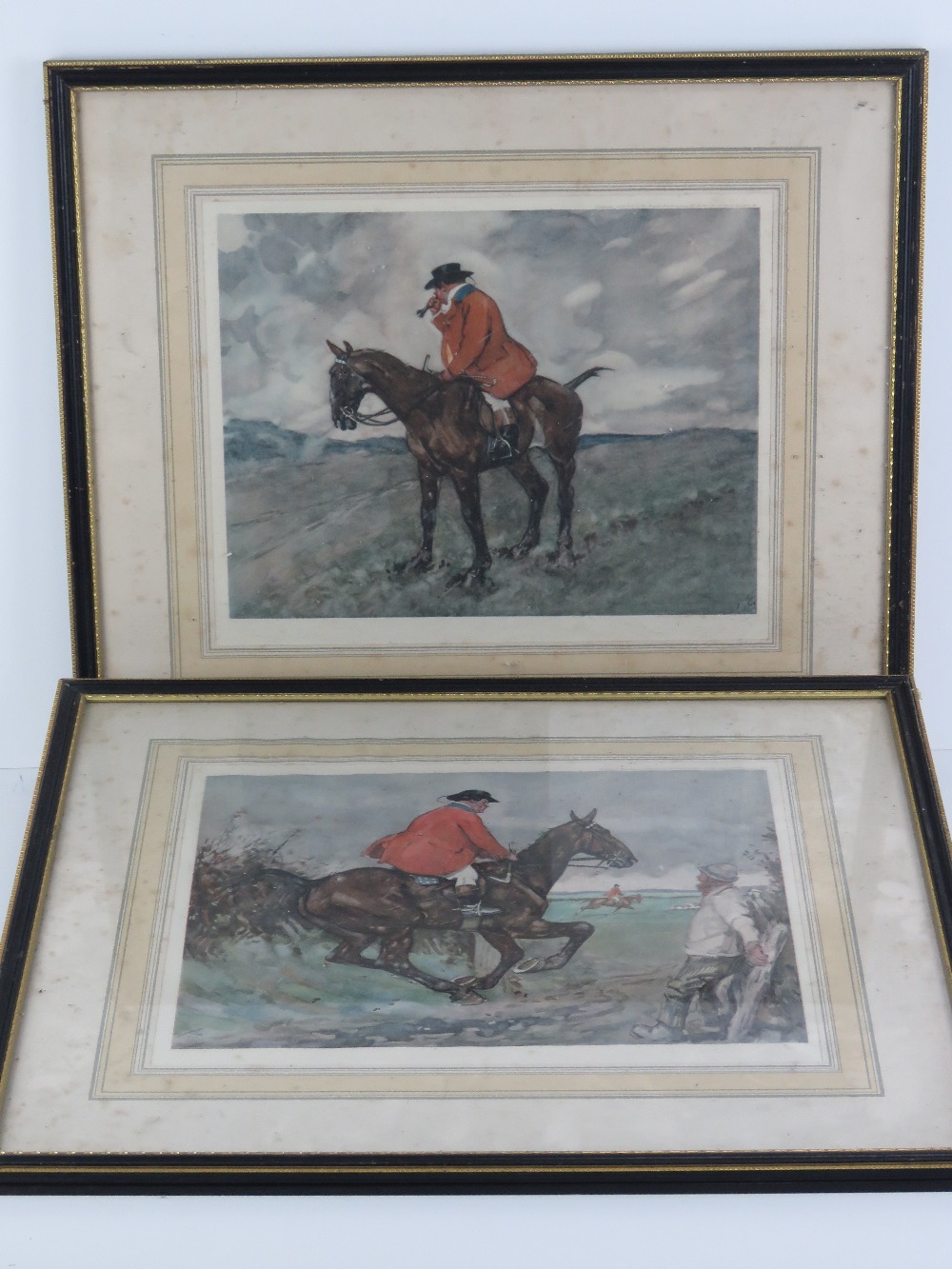 Coloured print; portly huntsman on galloping Chestnut, together with another print,