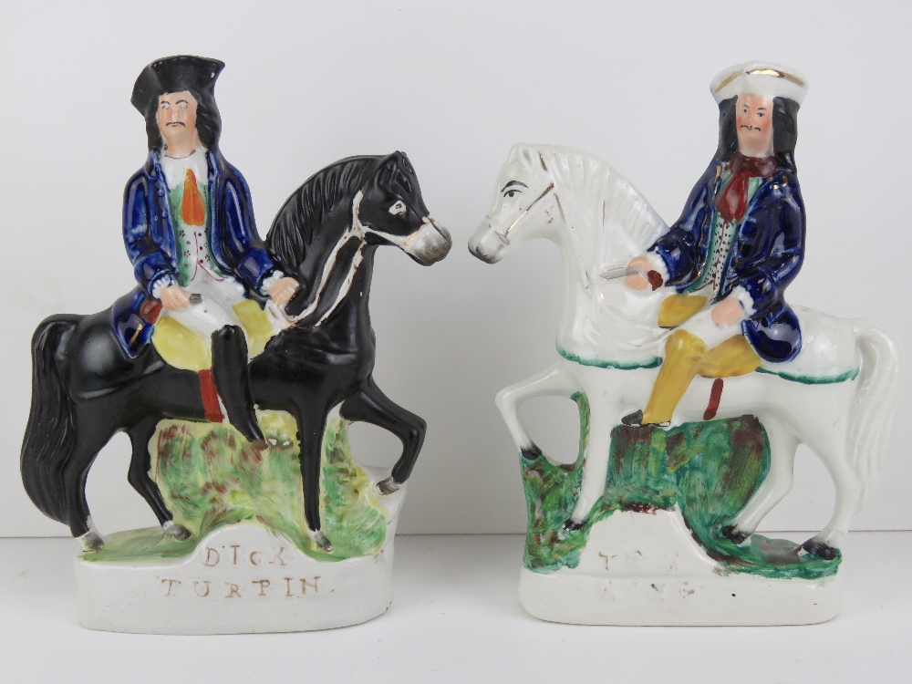 An opposing pair of Staffordshire flat back figurines each being a rider, musket in hand, - Image 2 of 4