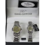 A 'His and Hers' stainless steel gents wristwatch and ladies wristwatch set, in presentation box.