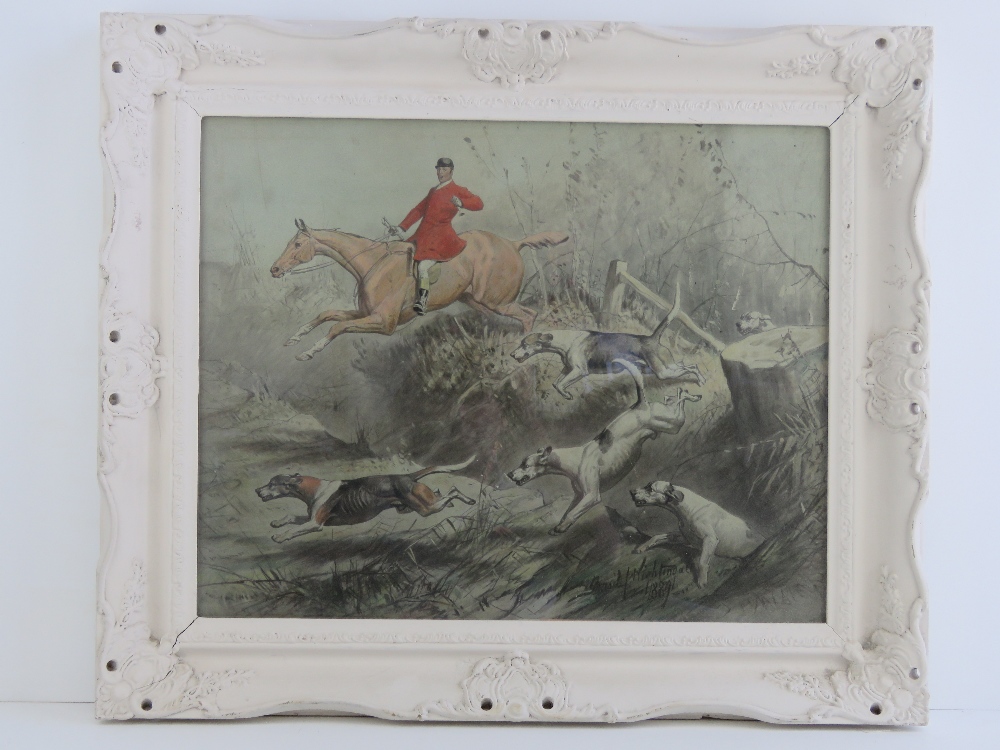 Basil Nightingale (British, 1864-1940) watercolour; huntsman vaulting a ditch, hounds beside,