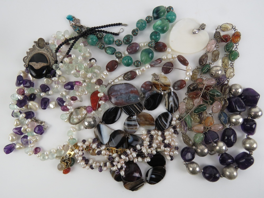 A quantity of pearl and hard stone jewellery inc amethysts, rose quartz, onyx, citrine,