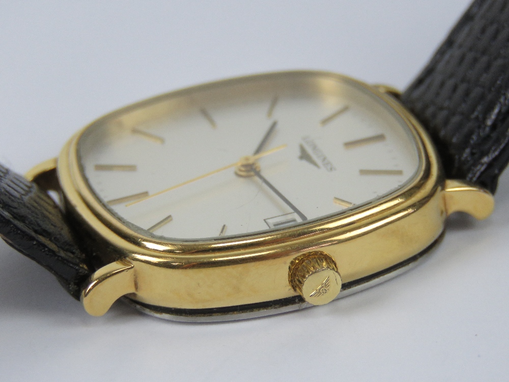 A c1980s Longines gold plated wristwatch on black reptile calf strap, with box and papers. - Image 5 of 6