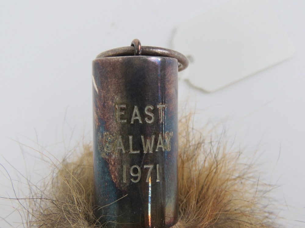 A fox brush bearing nickel plated brush stop with hanging loop marked East Galway 1971. - Image 2 of 2