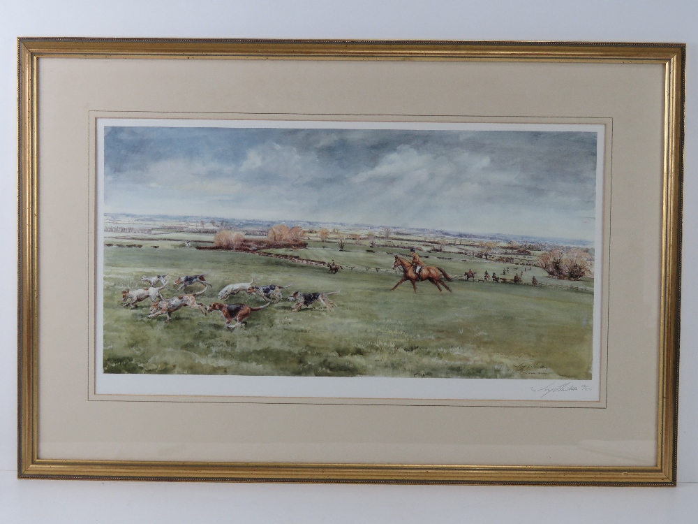 Limited edition print; The Pychley Hunt away over Northamptonshire field, Joy Hawkin Feb 1989,