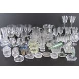 A quantity of assorted glassware including cut glass water jug, liqueur glasses, lidded pots,