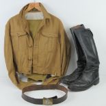 A pair of WWII German SA black leather boots together with SA brown shirt, breeches,