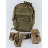 A British Military desert webbing belt with three pouches and water bottle,