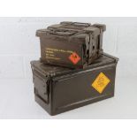 Four British 7.62 ammo boxes with carry box and large British Military ammo tin.