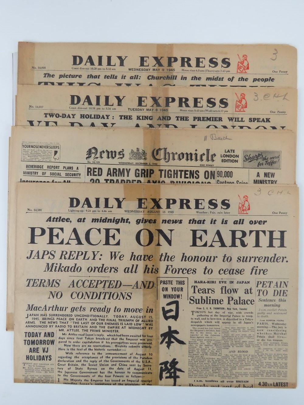 Daily Express front covers Tuesday May 8th 1945 'VE Day', Wednesday May 9th 1945 '12. - Image 9 of 11