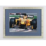 A framed colour photographic print of a Jordan racing car No8, signed Heinz-Harald Frentzen below,