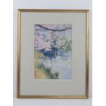 Watercolour by Guy Gravett entitled 'Glyndebourne in spring blossom and daffodils',