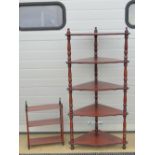 A contemporary mahogany five shelf corner whatnot, together with a three tier miniature whatnot,