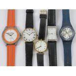 Five assorted watches inc navy blue Swatch, HKB on leather strap,