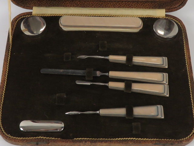 An Art Deco manicure set in 'crocodile skin' fitted box. - Image 2 of 3