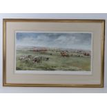 Limited edition print; The Pychley Hunt away over Northamptonshire field, Joy Hawkin Feb 1989,