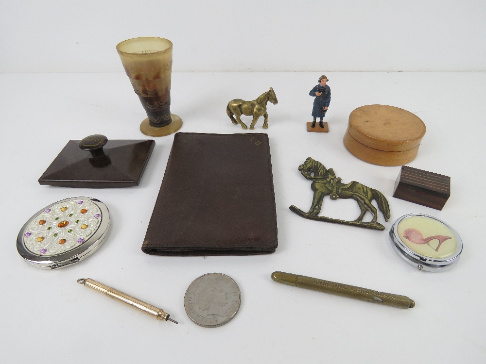 A quantity of assorted collectibles inc a Marmite ink blotter, collapsible horn tot cup, a/f,