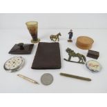 A quantity of assorted collectibles inc a Marmite ink blotter, collapsible horn tot cup, a/f,