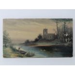 Oil on canvas; an early 19th century naive study of a man in punt, river ducks and church beyond,