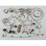 A quantity of assorted silver and white metal jewellery inc earrings, rings, Christening bangle,