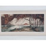 Print; Autumnal riverside scene, buildings beyond, signed indistinct lower right 12 x 29cm.