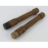 Two WWII German stick grenade training handles, bearing makers mark 'ftd' and dated 1944.