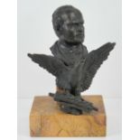 A bronzed brass bust of a young Mussolini having eagle before (a/f), engraved to back indistinct (T.