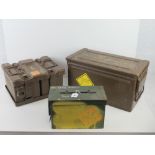 A quantity of British Military ammo boxes including; a large ammo tin, a British 4 x 7.