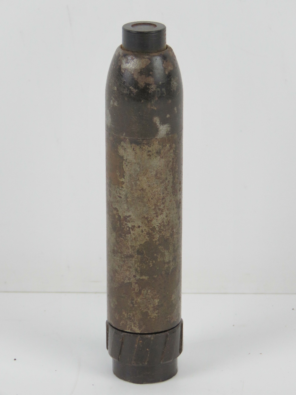 An inert WWII German K98 rifle grenade, both the head and base unscrew, dated 1943.