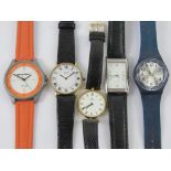 Five assorted watches inc navy blue Swat