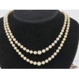 A double strand individually knotted pearl necklace having yellow metal clasp,