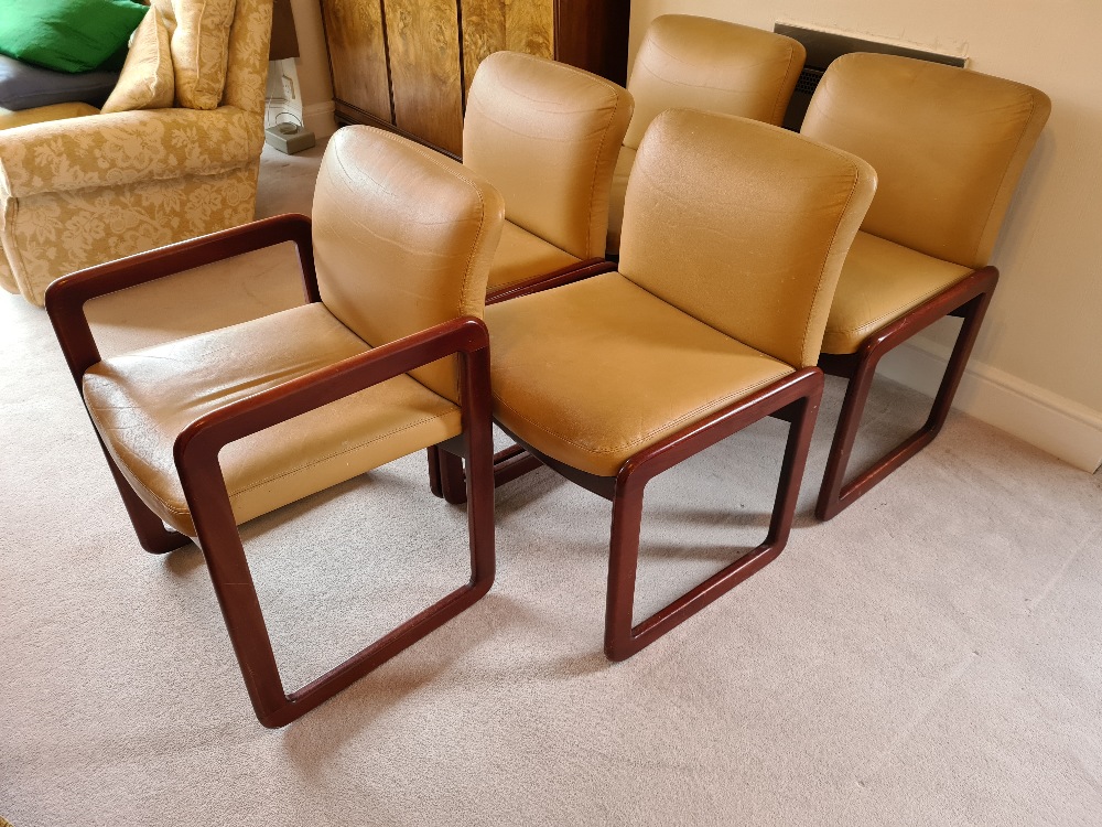 A set of five (4+1) retro studio-design mahogany framed chairs c1960s. No makers name.