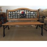 A Golf themed West Sussex Oak and cast metal framed garden bench, having Berkley Forge plate upon,