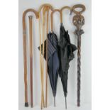 Eight assorted vintage walking sticks and umbrellas, some with silver collars.