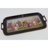 A good ceramic twin handled cobalt blue ground decorative tray with pastoral Georgian scene upon,