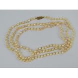 A long string on individually knotted pearls having yellow metal clasp, no apparent hallmarks,