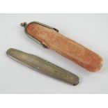 A HM silver double bladed fruit knife, total length 17cm, in leather pouch,