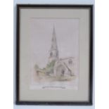 Print; St Andrews Church Barnwell, Northamptonshire, hand tinted, in Hogarth frame, 48 x 37cm.