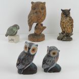 Five assorted owl figurines inc carved wood standing 19cm high, owl on plinth,