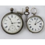 Two HM silver cased open face pocket watches, both slightly a/f and complete with key.