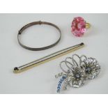 A sterling silver floral brooch, together with a 9ct gold and silver oversized bar brooch,