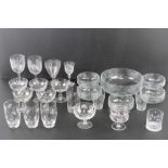 A quantity of assorted etched and engraved glassware including sundaes, glasses, bowls,