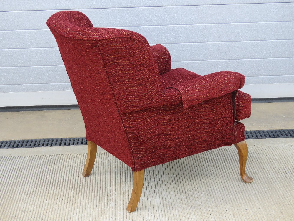 A vintage arm chair re-upholstered in contemporary red fabric, with cushion, - Image 2 of 2