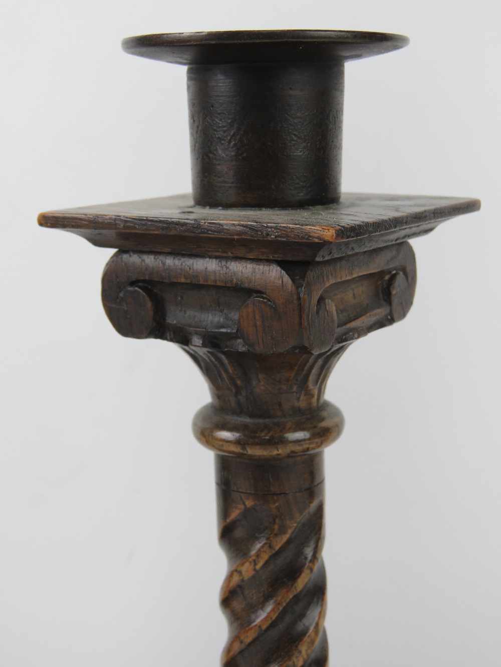 Masonic; a pair of stained oak barley twist altar candlesticks c1930s, 31cm high, - Image 2 of 2