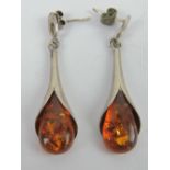 A pair of silver and Baltic amber earrings in the Art Nouveau style, stamped 925, 4.5cm drop.