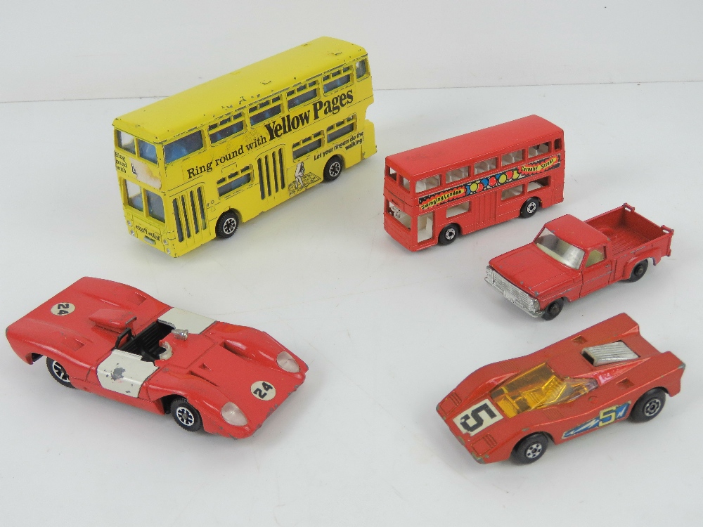 A Dinky Toys Atlantean bus with Yellow Pages advertising,