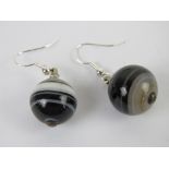 A pair of Victorian banded agate beads having new 925 silver earring hangers, 4cm drop.
