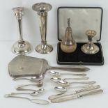 An HM silver dressing table hand mirror together with two HM silver handled butter knives,